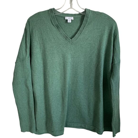 J. Jill Sweater Boxy Cotton Wool Silk Blend V-Neck Green Ribbed Sleeves Sz SP - Picture 1 of 8